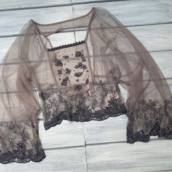 Free People Show Pony Lady Pewter Beaded Mesh Top Sz L - Picture 9 of 16